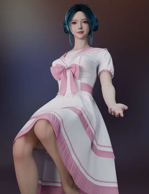 dForce Sailor Collar Short Sleeve Ruffle Dress Outfit for Genesis 9