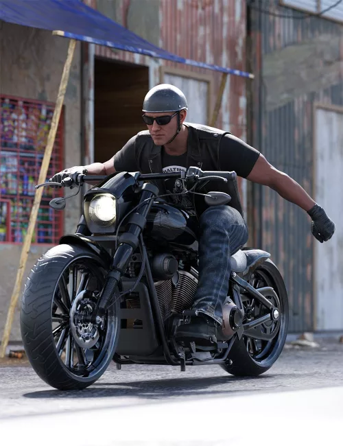 Rider Julian Poses for Julian 9 and XI Dark Custom Chopper